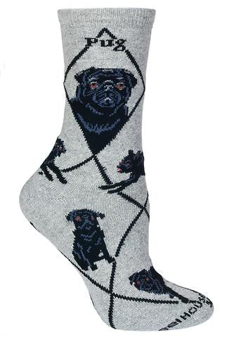 Wheel House Deigns Pug Black on Grey Sock has Black Diamonds over the Sock. Pug is in Bold Black print under the Cuff. Two Profiles one Front and Side View come next. Poses are of Pugs two different ways of laying down, sitting and standing.