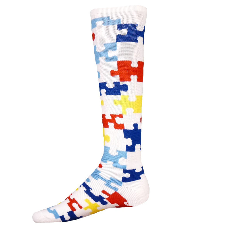 Red Lion Knee High Puzzle Sock starts on a White background with Light and Dark Blue Puzzle Pieces, Red and Yellow and White becomes a piece too. In Small and Medium Sizes.