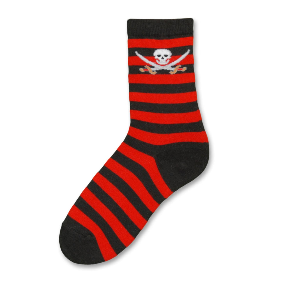 FBF Pirate Stripe Socks start with Black Cuffs, Heels and Toes. Red Stripes and Black go down the Sock. At the top on both sides is a Skull and Cross Swords Graphic in White and Gold.