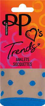 Pretty Polly Trends Blue Spots Anklets have Blue Spots with Blue Cuffs, Heels and Toes.