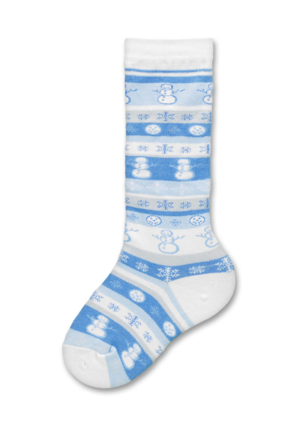 Psychabright Snowman is on a White Background with Light Blue Grey and White Stripes with Snowflakes and Snowmen in the Rows.