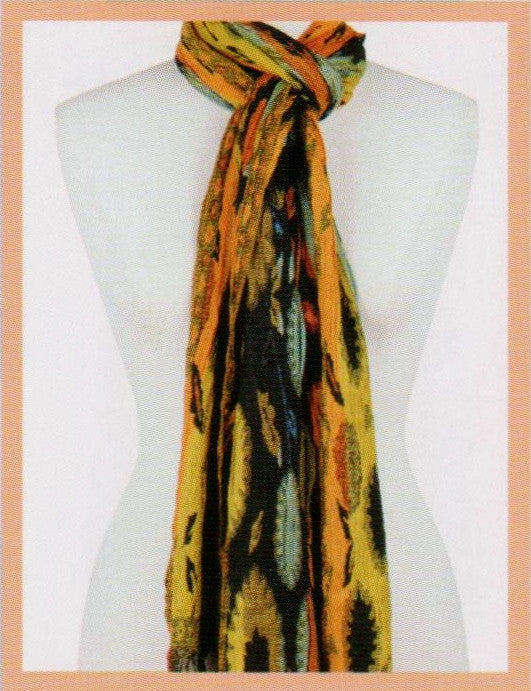 Rapti Silk Blend Lycra Scarf in Golds, Oranges, Mint, Rust and Black.