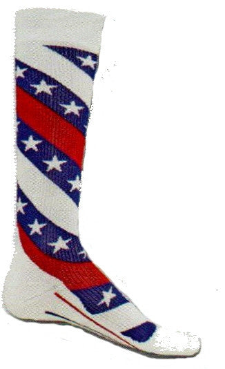 Red Lion America Compression Socks are Red, White and Royal Blue with White Stars. The Striped Pattern wraps around the Sock from below the Cuff to the Toe. Comes in Medium and Large Sizes