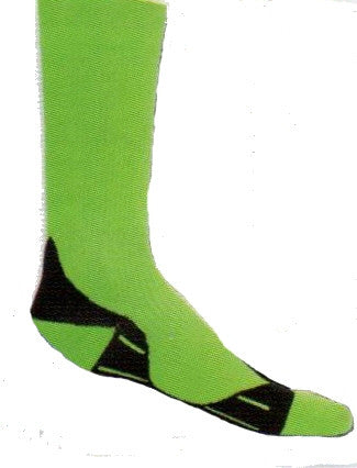 Red Lion Glide Knee High Florescent Green Compression Socks are X-Large Size with Black above the Heel and runs under the foot then bands around the foot before the Toe.