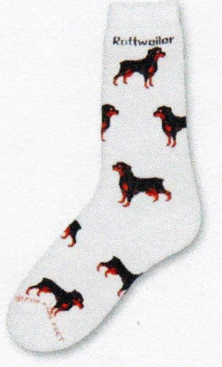 Rottweiler Poses Socks is the Rottweiler in one Pose flipped going left or right down and around the White Background. Rottweiler is in Bold Black at the Top. The Dog is Black, Dark Brown, Ruddy Brown and Grey.