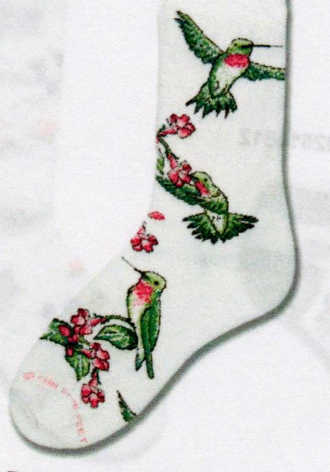FBF Ruby Hummingbird Sock starts on Bright White with flying and stationary Hummingbirds on Fuchsia Plants
