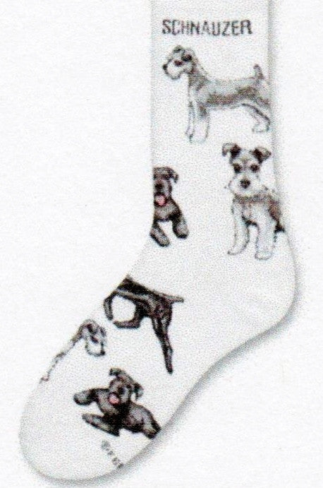 The Schnauzer Poses 2 Socks have Schnauzers in different colors and poses along the sock. Schnauzer is written in Bold Black at the top. The background is Bright White.