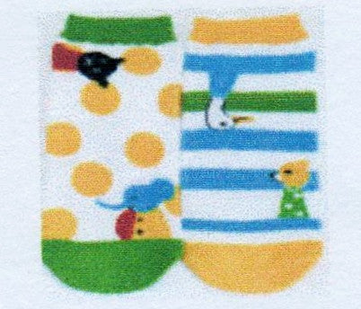 Shinzi Katoh makes this Mismatched pair of Socks fun with his Designs. Polka Dots and Stripes are on one of the Socks. Fox, Bear, Elephant, Goose