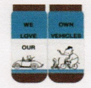 Shinzi Vehicle Socks are Blue, Brown and White with the saying, "We Love Our" on one Sock and "Own Vehicles" on the other. Animals on Cars, Motorcycles and Bikes!