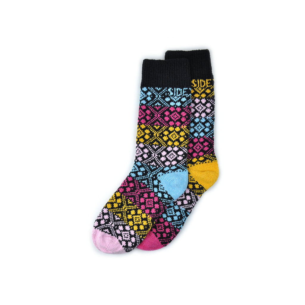 Side Kick Adult Crew Cathedral Socks are Mismatched. They are Black, Gold, Light Blue, Light Pink, and Magenta. They look like Stain Glass Windows.