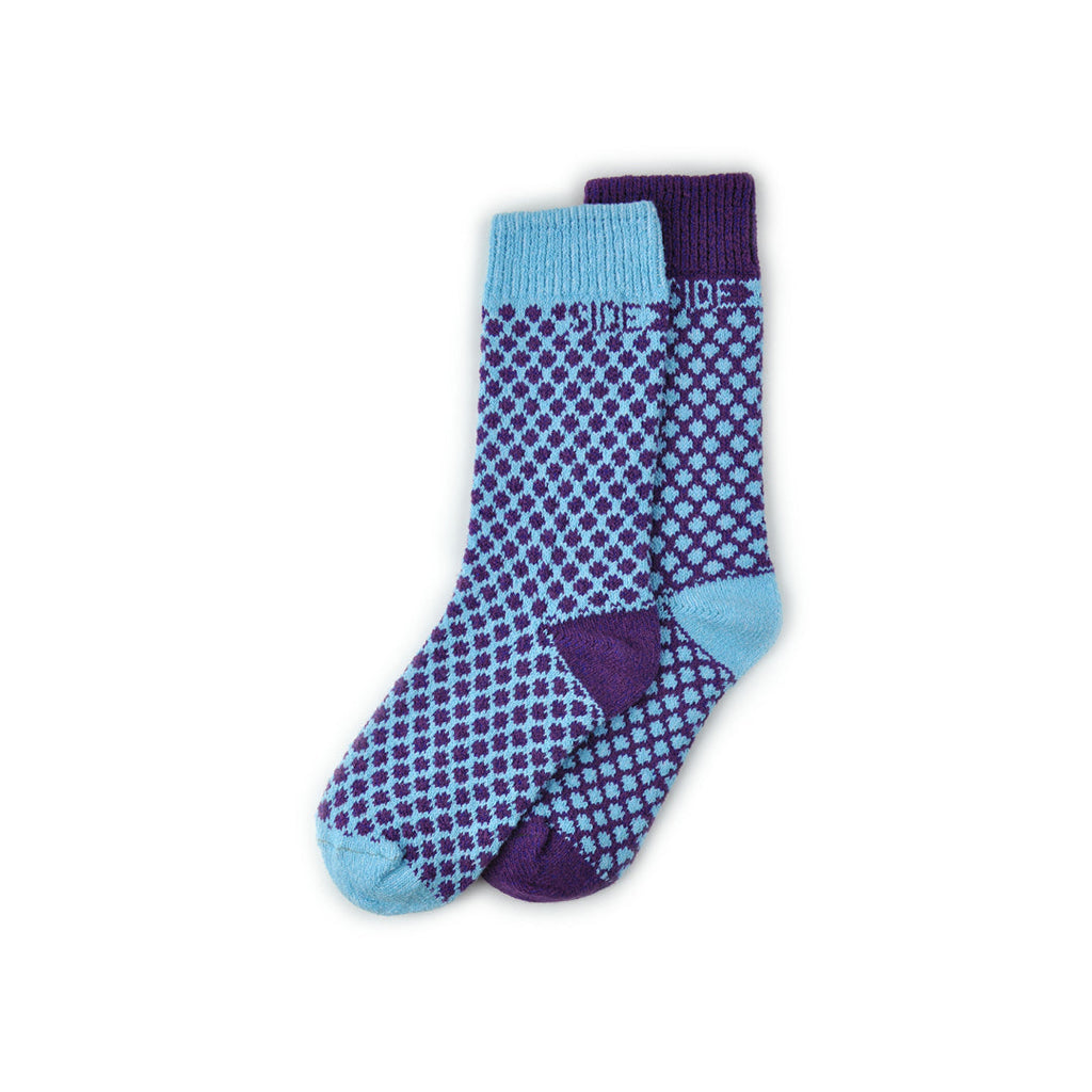 Side Kick Adult Crew Jamison Crush Sock is a Mismatched Sock in Purple and LIght Blue.  The Cuffs, Heels and Toes are Solid Colors. 