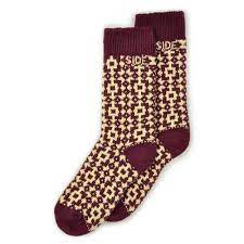 Side Kick Adult Crew Essex Iron Sock is Burgundy and Cream.  The Cuffs, Heels, and Toes are Burgundy.  The Iron Bars and other Designs are in Cream. 