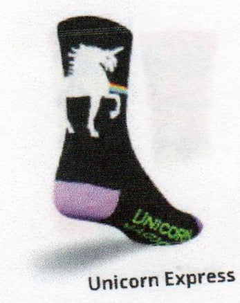 On the Cuff and Ribbing is the White Unicorn. The background of this Sock is Black. The Unicorn is riding a Rainbow. The Heels and Toes are Purple. The instep reads, "Unicorn Magic" in Green.