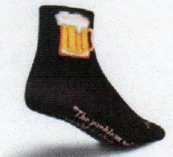 All Black Sock with a Mug of Golden Beer with a White Head on it. The Instep has a Quote from Humphrey Bogart.