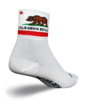 SockGuy makes the California Flag Classic 3 Inch Cuff Sock on White with the Bear Flag on the Cuff. Then on the bottom instep reads, "The Golden State" in Bold Black Letters.