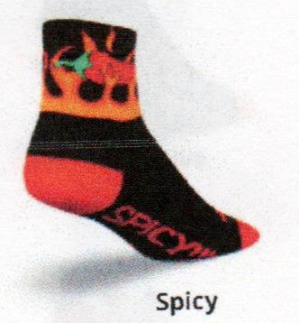 SockGuy Spicy Sock is all about heat from a Pepper. Top Cuff shows a flame grill with a pepper on black background. Heels and Toes are bright red and instep reads spicy.