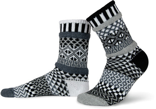 Solmate Socks Stellar Series Midnight Sock is a Mismatched Sock with Black and White, Dark and Light Greys. 