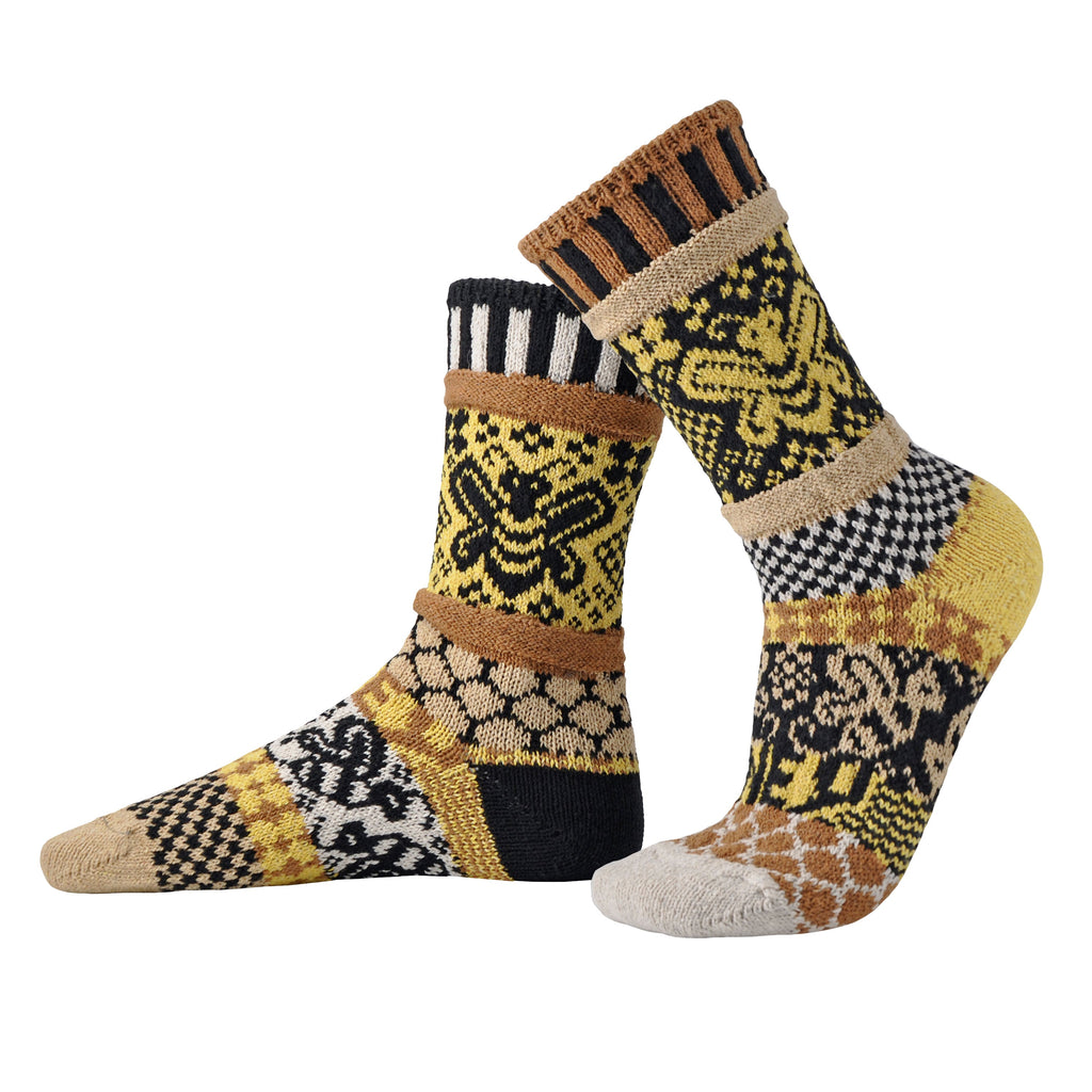 Solmate Adult Crew Honey Bee Sock has Honey Bee Graphics and the Word Honey in Black, Caramel Brown, Beige, Honey Mustard, and Ivory.