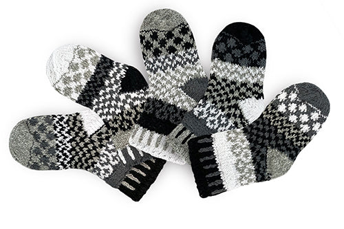 Solmate Baby Crew Moonlight Socks are Black, Grey and White in Shapes