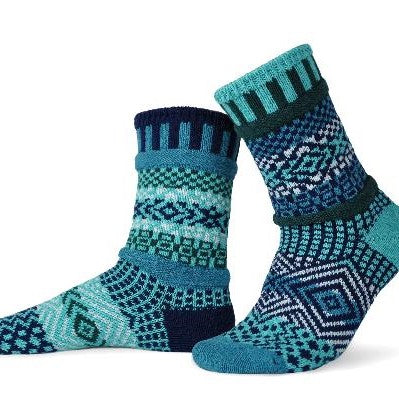 Solmate Adult Crew Evergreen Sock is Mismatched on Purpose for fun with Colors of Teal, Forest Green, Navy, Grey, and White.  