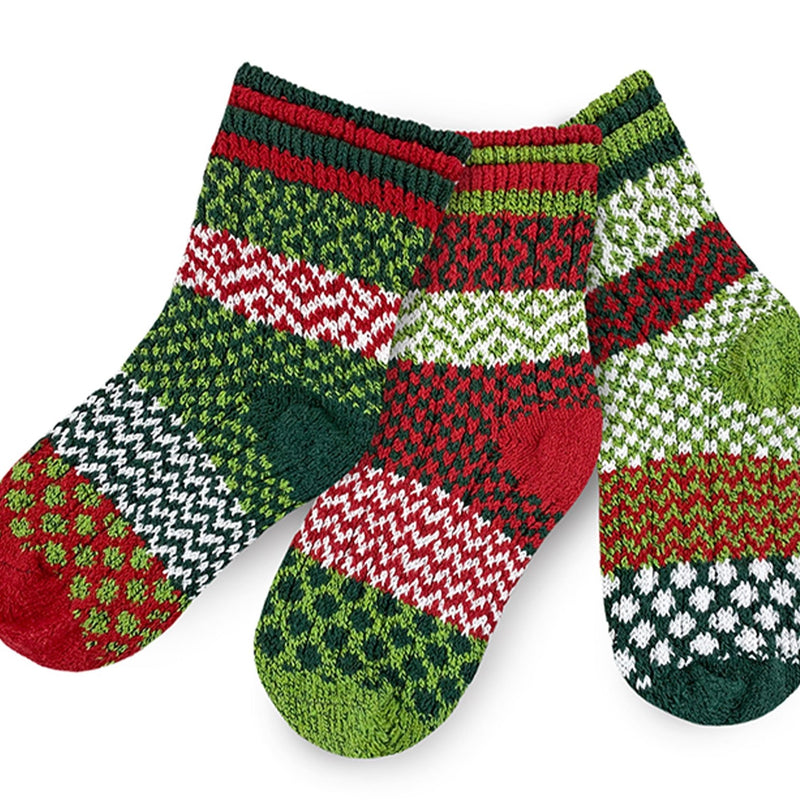 Solmate Kids Jolly Crew Sock is 1 Pair and a Spare for fun Mismatching in Christmas Season Colors.