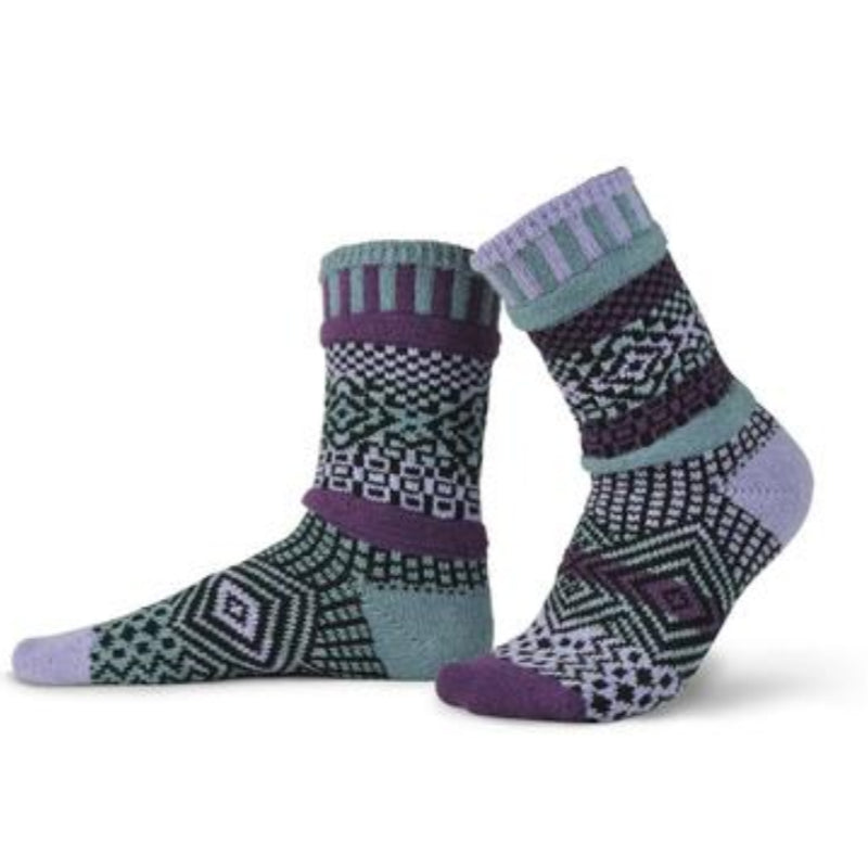 Solmate Wisteria Adult Crew Sock comes in Lavender, Light Gray, Purple and Black. The colors and Graphics are Mismatched.