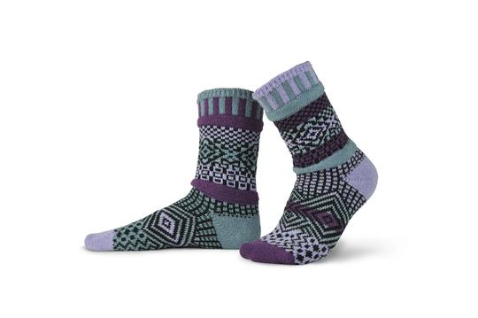 Solmate Wisteria Adult Crew Sock comes in Lavender, Light Gray, Purple and Black. The colors and Graphics are Mismatched.