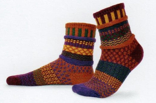 Solmate Socks Autumn Series Fall Foliage is Mismatched on Purpose in Spice, Burgundy, Forest Green, Gold and Purple.