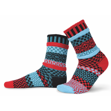 Solmate Socks Stellar Series Mars is all about the fourth planet in the Solar System. The Red planet. This Sock has Cherry Red, Luna Blue and Black in the Stellar Graphics. 