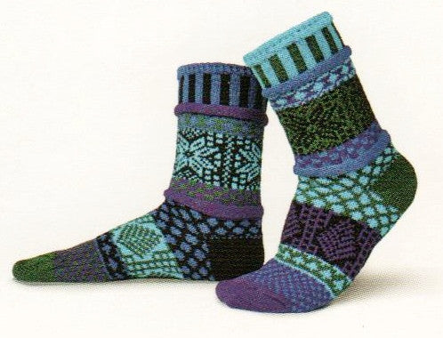 Solmate Socks Winter Collection Blue Spruce is a Mismatched Sock in colors of Forest Green, Purple, Royal Blue, Black and Turquoise
