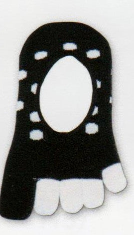 This K Bell Toe Sock Dots Footie is Black and White. The Toe Pockets are White except the Big Toe and Dots are White on a Black background. This is a No Show Style.