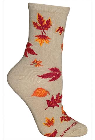 Wheel House Designs Autumn Leaves starts on a Khaki background. Leaves from different trees like Ash, Oak and Birch are all changing colors and falling. They appear to fall onto the sock.