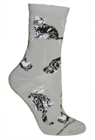 Wheel House Designs Silver Tabby on Grey Sock begins with the Grey background. At the top of the Sock are White Filigree X's that hold the Silver Sitting Tabby on each side. Below are different poses of the Silver Tabby.