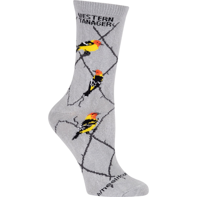 Wheel House Designs Western Tanager Sock begins on a Grey background with Argyle lines. The Male Birds are Bright Yellow with Orange-Red Heads The Females are almost all Yellow.