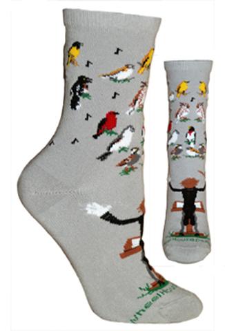 Wheel House Designs Songbird Concert on Grey Sock has a Choir Conductor in Full Dress with Podium and Score and Baton. Birds of all Colors are Perched and Singing his Song.