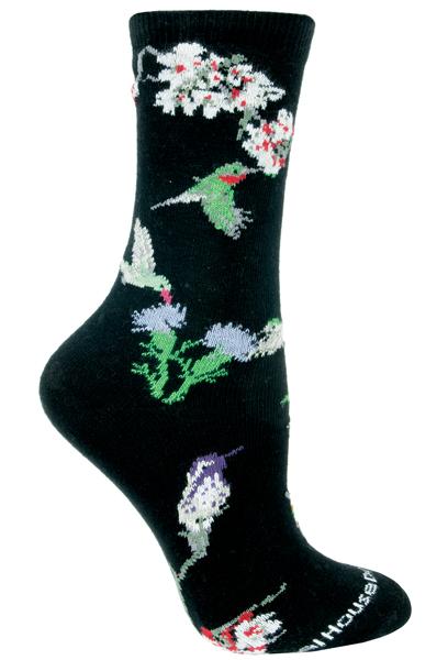 Wheel House Designs Hummingbirds on Black have several different kinds of Hummingbirds and Flowers on the Sock.
