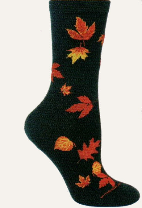On a Black background Autumn Leaves fall from the Cuff to the Toe in Oranges, Yellows, Reds and Browns.