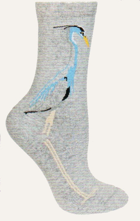 Great Blue Heron from Wheel House Designs on Light Grey Heather Sock. In Blues, Black and Yellow.