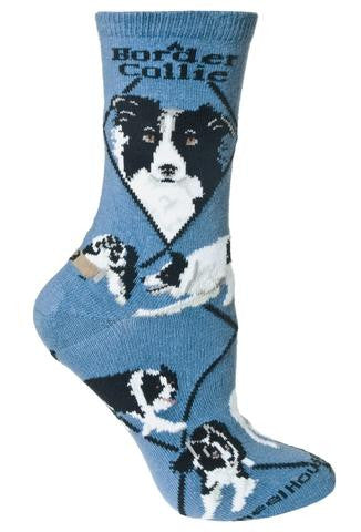 Wheel House Designs Border Collie Sock starts on a Blue Background with Profiles of the Border Collie. Below are Poses of the Border Collie.