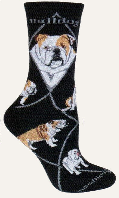 This Bulldog Sock is on a Black background. The Diamond Lines and the word Bulldog is in Grey Color. The Bulldog Profiles show the proud face pushed up lip and nose. Most of the poses are of the Bulldog in a stance or looks like walking up to you.