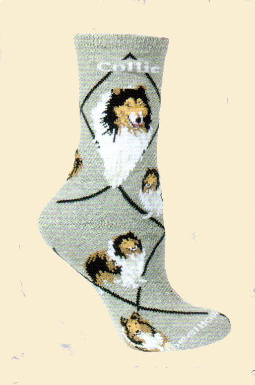 Wheel House Designs Collie Sock starts on a Grey background with Profiles of the Collie and then Poses all over the sock.