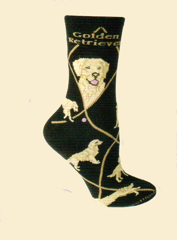 Wheel House Designs Golden Retriever on Black has Golden Diamond Line and Gold lettering for Golden Retriever. There are two Profile pictures and then poses of the Golden Retriever to the toes.