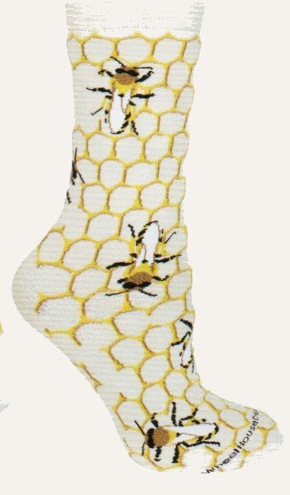 Wheel House Designs on a Natural background makes Honey Bees Sock with Worker Bees around the Honeycomb doing their work.