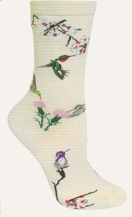 Wheel House Designs Hummingbirds on Natural Novelty Socks are different Hummingbirds drinking Nectar from flowers on this sock.