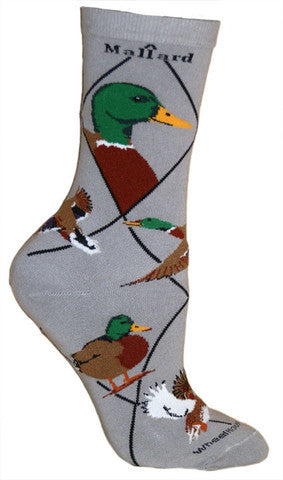 Wheel House Designs Mallard Duck Sock is on a Grey Background with the word Mallard on Top and a profile graphic at the top with other graphics around the sock of male and female mallards