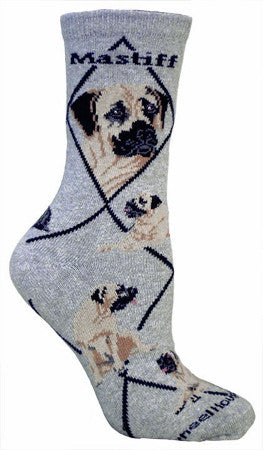 On a Grey background the Mastiff Sock has Black Diamond Lines and Bold Print Mastiff. His Portraits are Fawn and Apricot. The Poses below show a Black and Brindle laying down a Fawn and Apricot too. One looking at something and one Laying down.