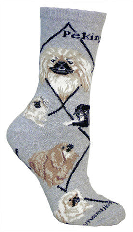 Pekingese Dog Sock starts on a Grey background with Black Bold Print saying Pekingese on Top with Black Diamond Lines. The Portraits are Frontal with Fawn, Cream and White and Black Mask. The other is Red Pekingese with Black Mask. The Poses are of all the colors they come in Standing and Sitting.