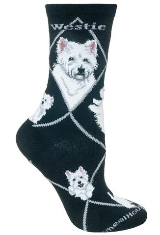 Wheel House Designs Westie on Black Sock has Argyle Diamonds in Medium Grey and says, "Westie" on Top. The Westies are all White, Light Grey, Medium Grey, Black and Rose. The Poses are Standing, Laying Down, and Sitting Up.