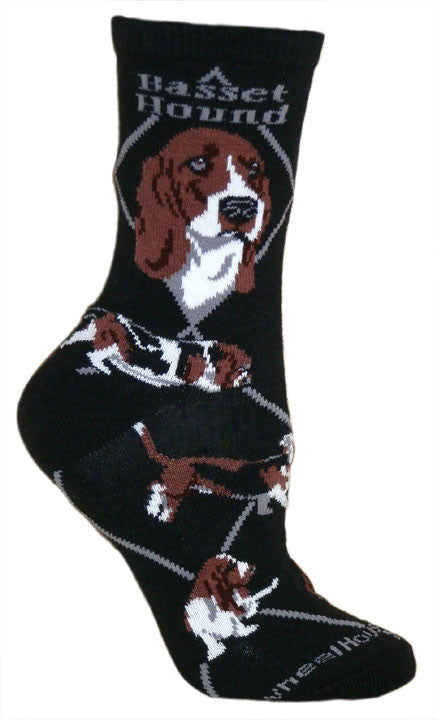 Basset Hound on Black words and Diamond line are in Beaver Color. The Profile Pictures at the Top and the poses around the sock show the Basset running with flopping ears and sniffing at the ground.