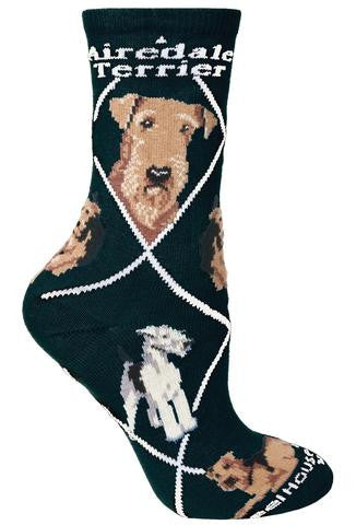 Wheel House Designs Airedale Terrier on Black background has White Bold Writing of Airedale Terrier under the Cuff. It has two Profiles of the Airedale on Top and then Poses below. 